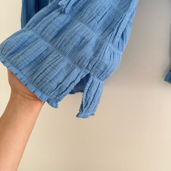 Cleobella Azariah Long Sleeve Smocked Split Neck Blouse Blue S - Picture 9 of 12